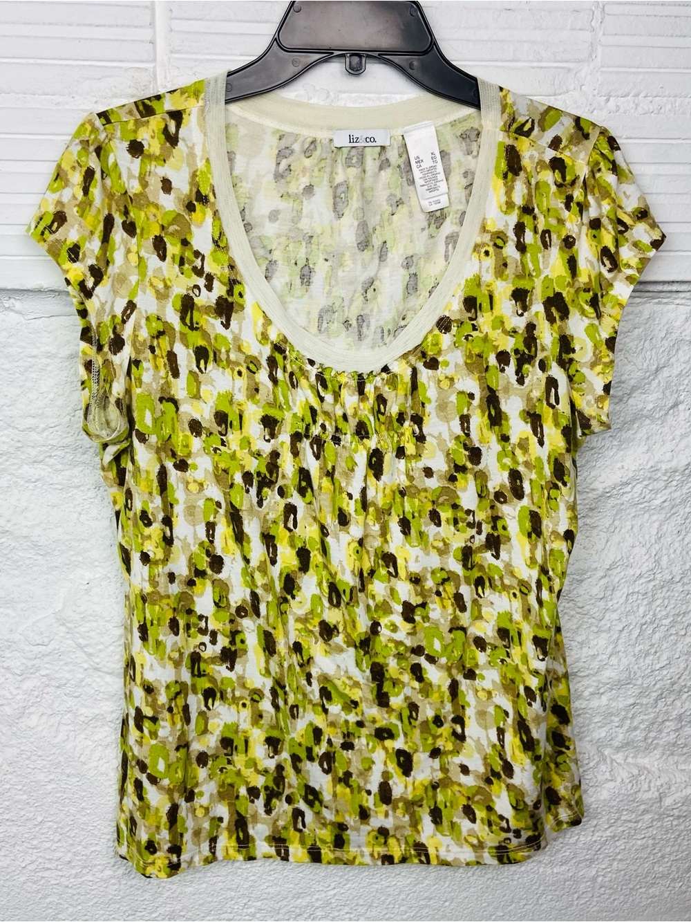 liz & co. Green and White Micro-Print Scoop  pleated Neck Top size XL